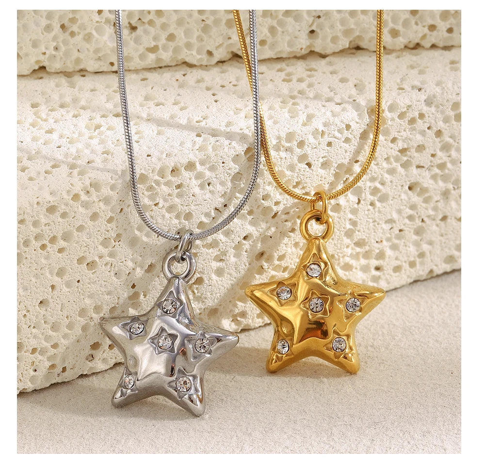 MamacitaSlay 316L Stainless Steel Zircon Star Pendant Necklace 18K Gold Plated Waterproof Jewelry Women's High Quality Necklace