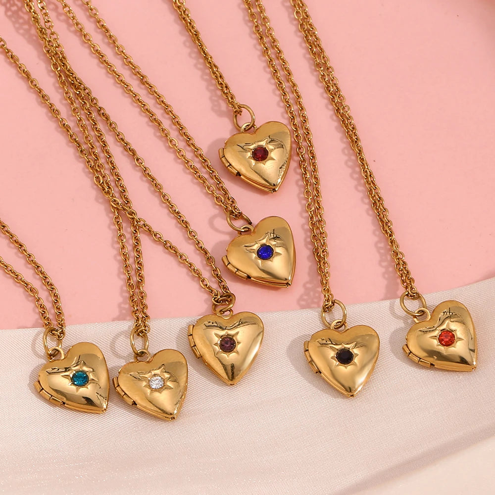 MamacitaSlay New Design Twelve Birthstone Heart Can Paste Photo Frame Pendant Women's stainless steel necklace  jewelry Gifts