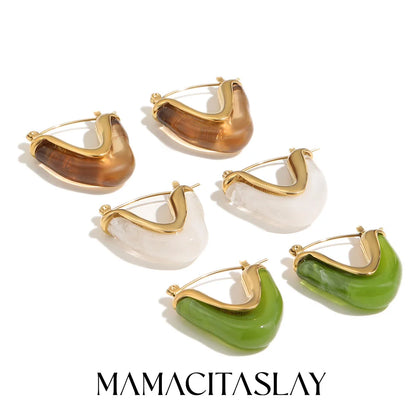 MamacitaSlay 316L Stainless Steel Resin V Shape Hoop Earrings 18K Gold Plated Waterproof Jewelry For Women Statement Earrings