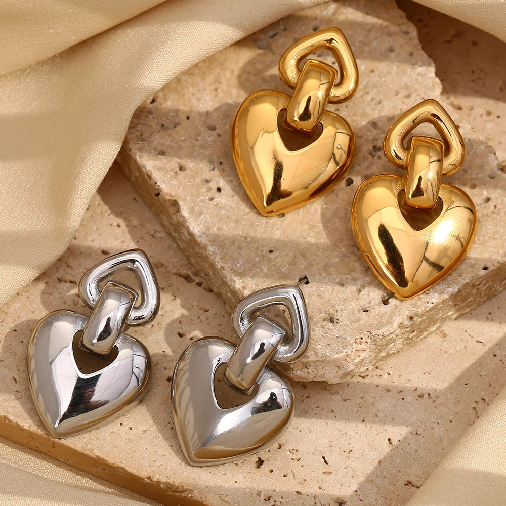 MamacitaSlay 18K Gold Plated Stainless Steel Heart Shaped Earrings Party Waterproof Jewelry Women's Charm Statement Earrings