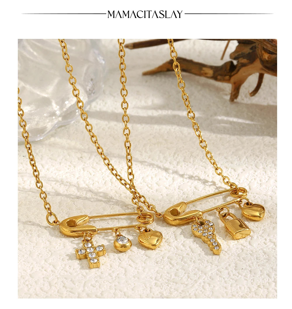 MamacitaSlay 316L Stainless Steel Zircon Paper Clip Key Lock Cross Pendant Necklace Waterproof Jewelry Women's Creative Necklace