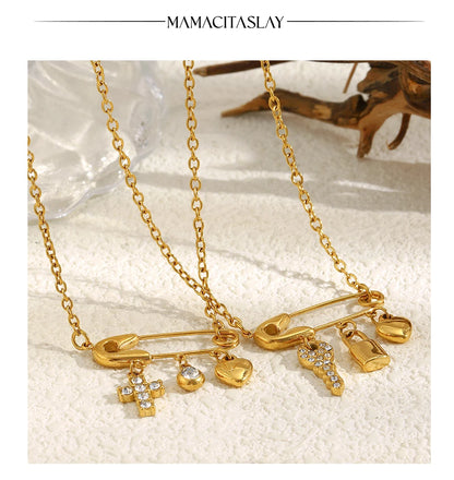 MamacitaSlay 316L Stainless Steel Zircon Paper Clip Key Lock Cross Pendant Necklace Waterproof Jewelry Women's Creative Necklace