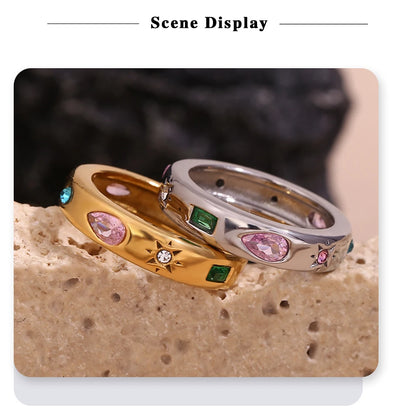 MamacitaSlay 316L Stainless Steel Multicolor Zircon Ring Waterproof 18K Gold Plated Jewelry For Women's Classic Ring Gift 2026