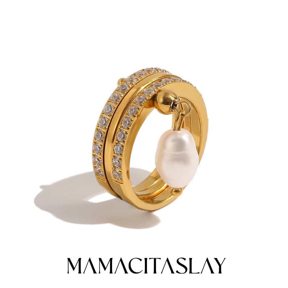 MamacitaSlay 316L Stainless Steel Baroque Pearl Zircon Ring 18K Gold Plated Waterproof Casual Statement Jewelry For Women Gift