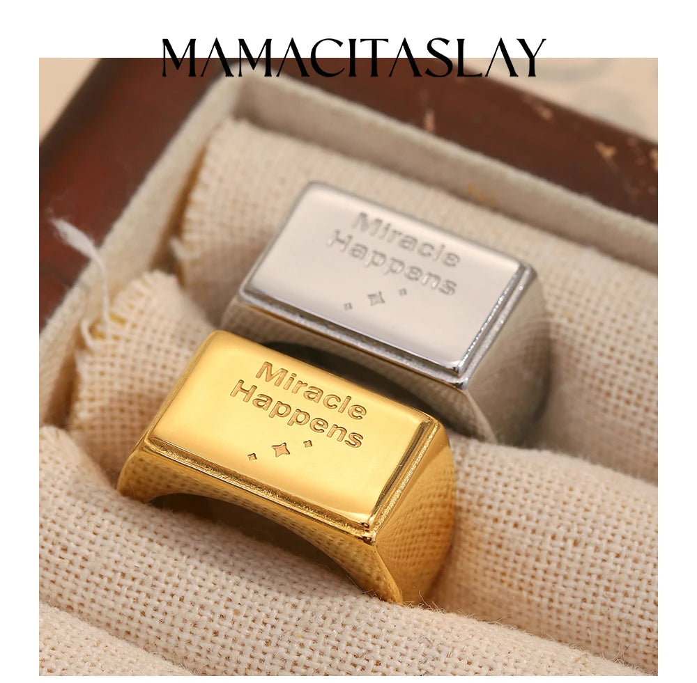 MamacitaSlay 316L Stainless Steel "Miracle Happens" Letter Ring Party Waterproof Jewelry Women's Classic Charm Ring 2025 Gift