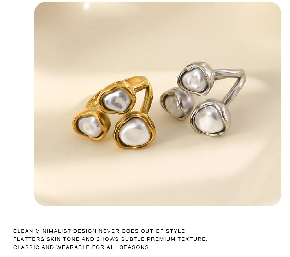 MamacitaSlay 316L Stainless Steel Baroque Pearl Irregular Open Ring 18K Gold Plated Waterproof Jewelry For Women Daily 2026 Gift