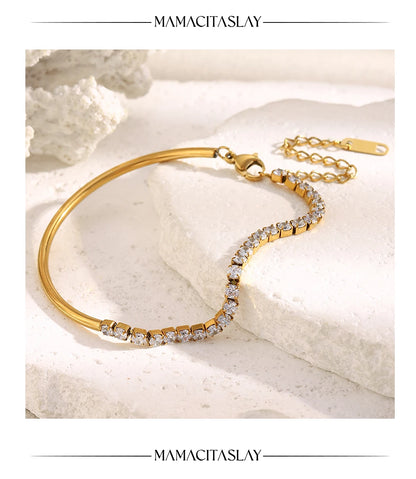 MamacitaSlay 316L Stainless Steel Zircon Asymmetric Bracelet Party Waterproof Jewelry Women's Creative Wrist Jewelry Bracelet