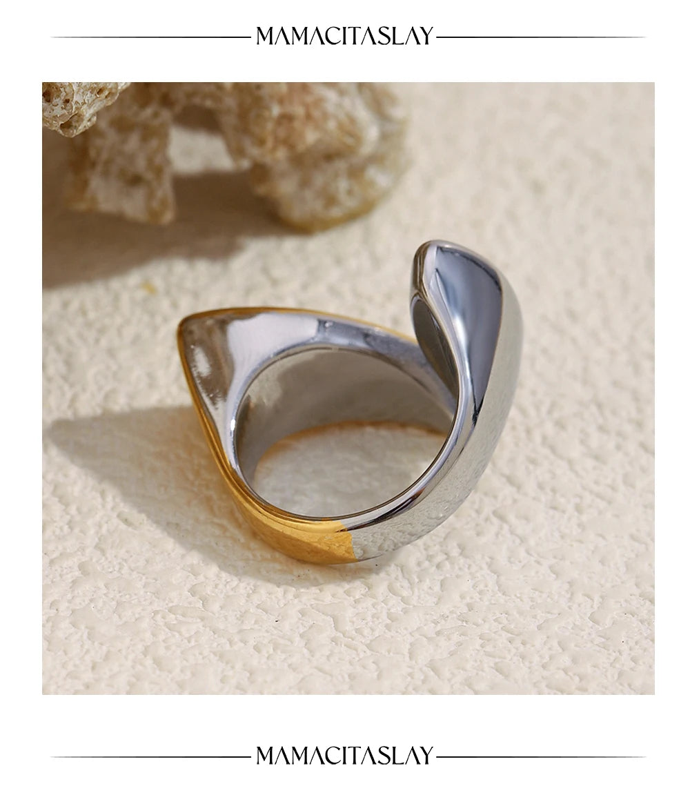 MamacitaSlay 316L Stainless Steel Two Tone Willow Asymmetrical Opening Ring Party Waterproof Jewelry Women's Unique Cool Ring