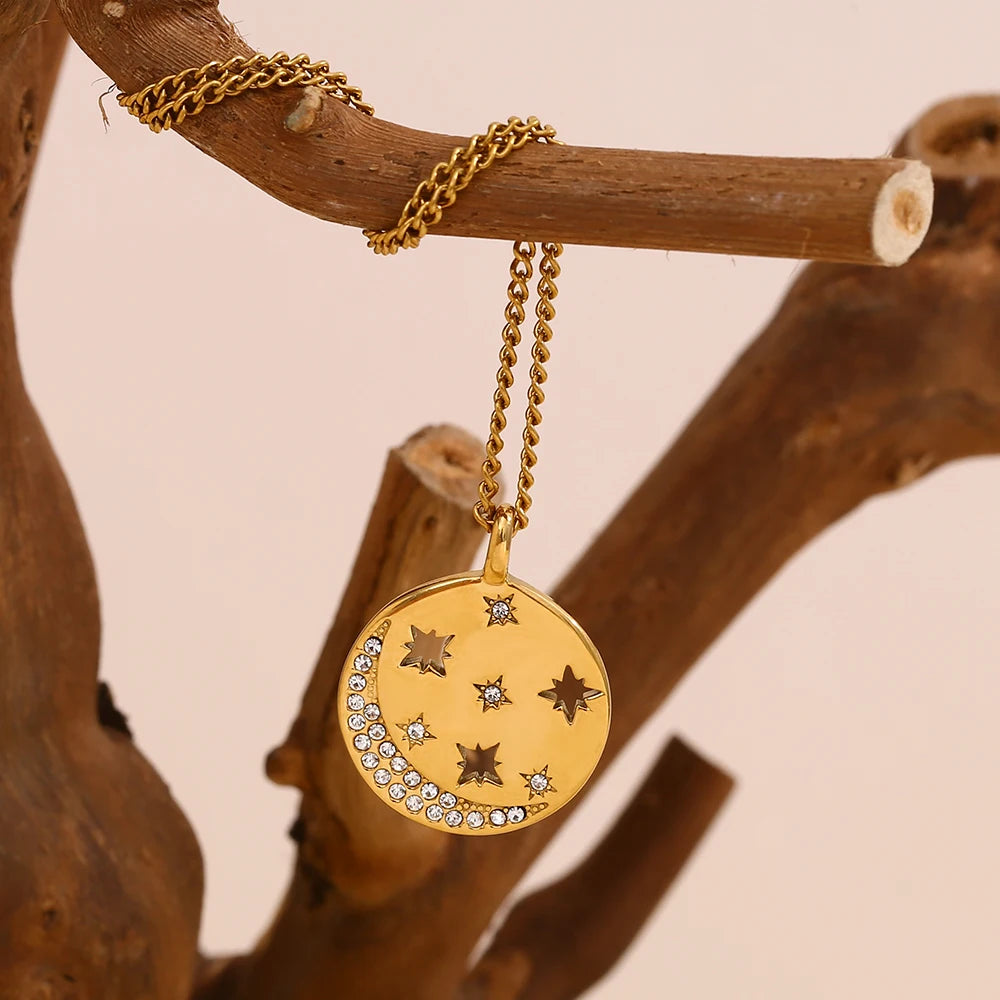 MamacitaSlay Minimalist Stainless Steel Zircon Sun Moon Star Zircon Pendant Necklace Creative Waterproof Jewelry Women's Gift