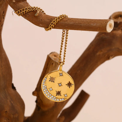 MamacitaSlay Minimalist Stainless Steel Zircon Sun Moon Star Zircon Pendant Necklace Creative Waterproof Jewelry Women's Gift