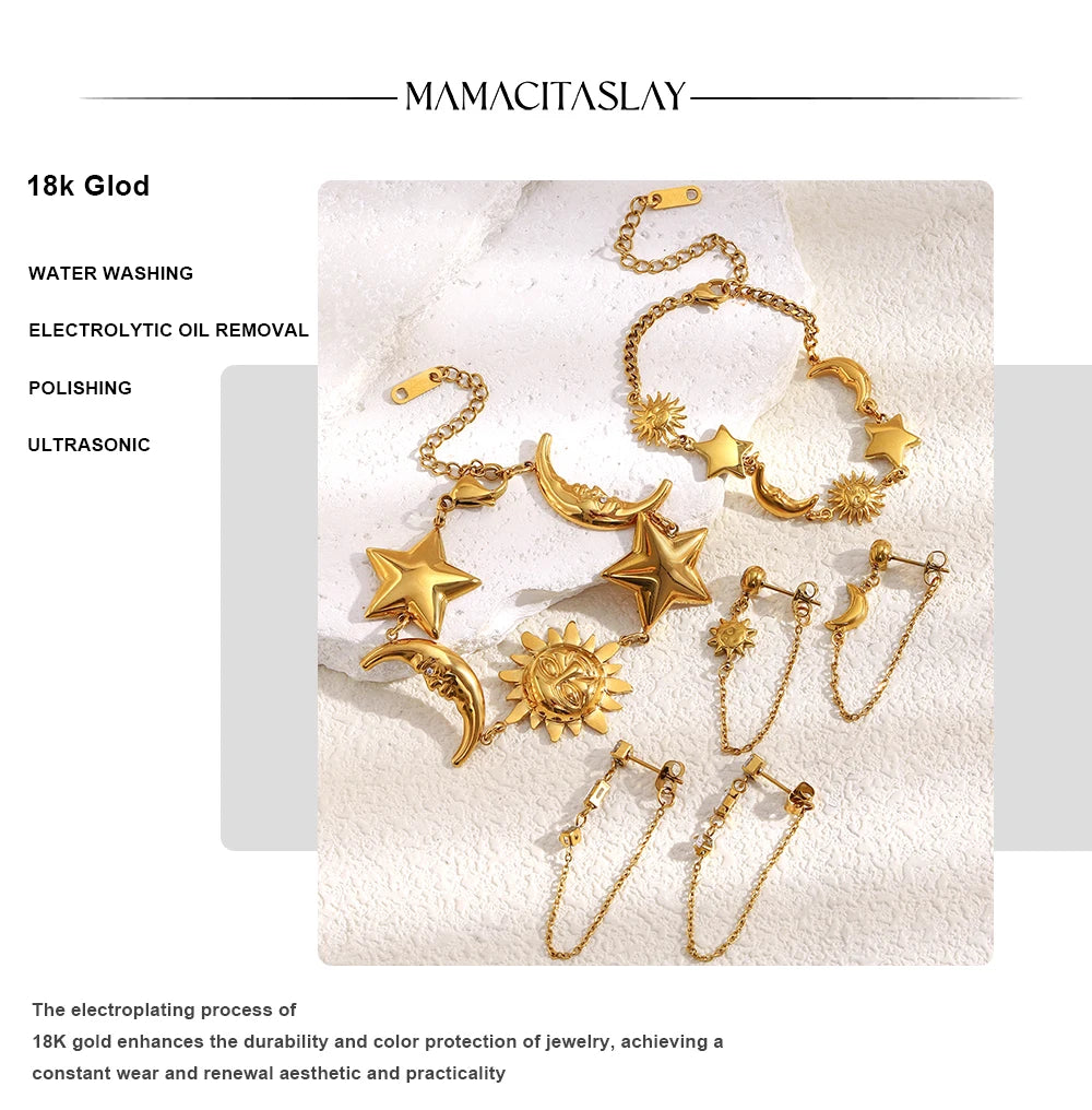 MamacitaSlay 316L Stainless Steel Sun Moon Star Bracelet Earrings Waterproof 18K Gold Plated Jewelry Creative Accessories Gift