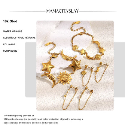 MamacitaSlay 316L Stainless Steel Sun Moon Star Bracelet Earrings Waterproof 18K Gold Plated Jewelry Creative Accessories Gift
