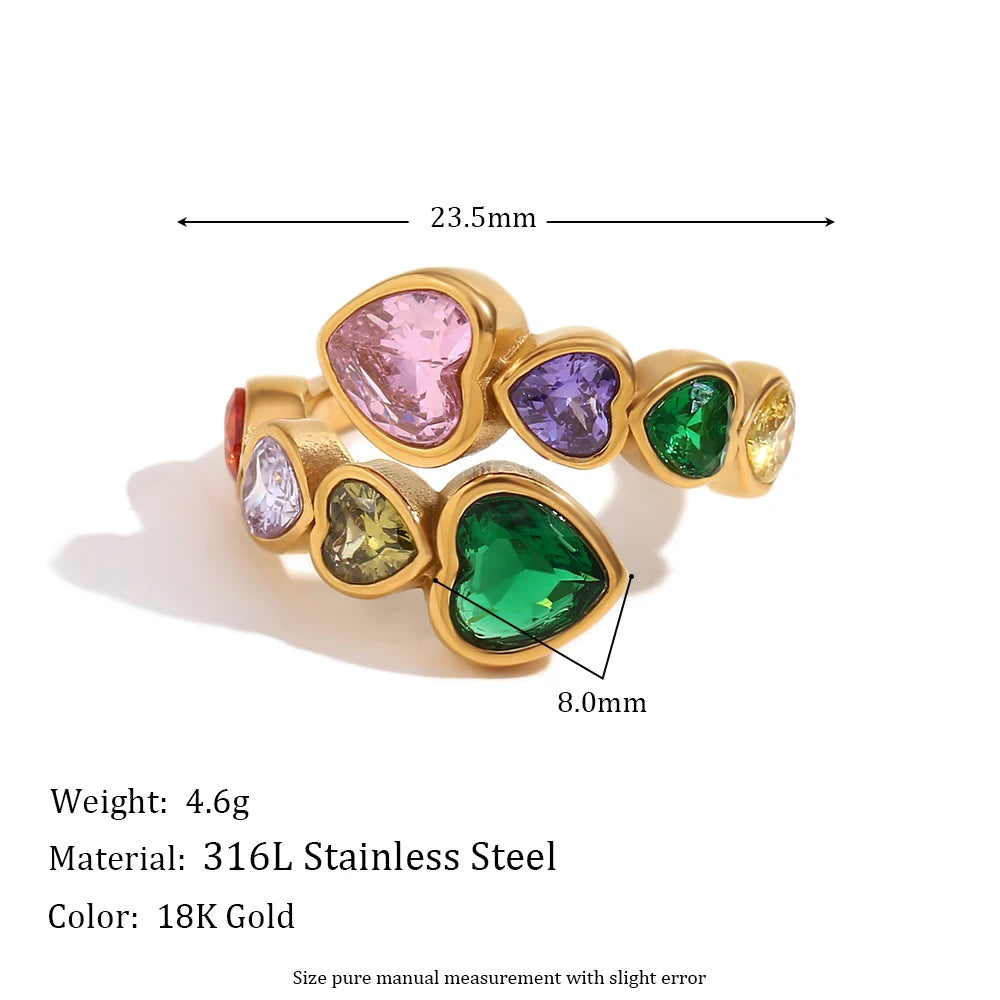 MamacitaSlay 316L Stainless Steel Zircon Heart Opening Ring 2025 Party Waterproof 18K Gold Plated Jewelry Women's Elegant Gift