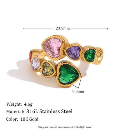 MamacitaSlay 316L Stainless Steel Zircon Heart Opening Ring 2025 Party Waterproof 18K Gold Plated Jewelry Women's Elegant Gift