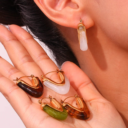 MamacitaSlay 316L Stainless Steel Resin V Shape Hoop Earrings 18K Gold Plated Waterproof Jewelry For Women Statement Earrings