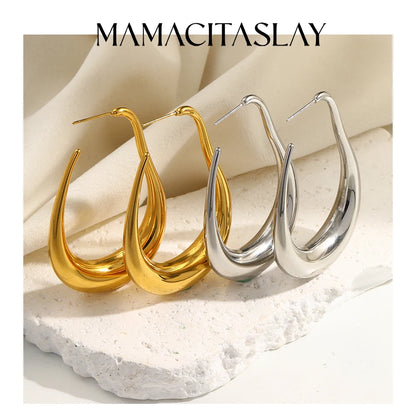 MamacitaSlay Unique Exaggerated 18K Gold Plated Stainless Steel Pear Shape Hollow Hoop Earrings Party Women's Waterproof Jewelry