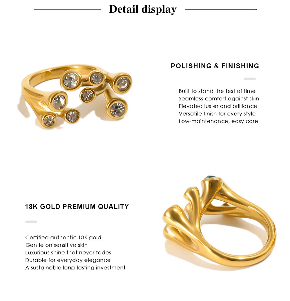 MamacitaSlay 316L Stainless Steel Multicolor CZ Branch Shape Open Ring 18K Gold Plated Waterproof Jewelry For Women Party Gift