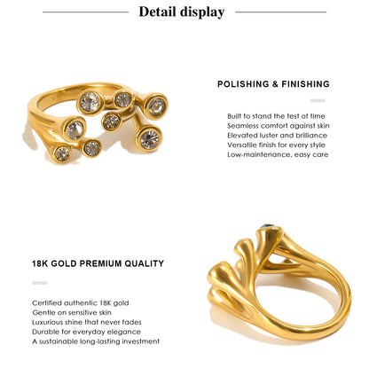 MamacitaSlay 316L Stainless Steel Multicolor CZ Branch Shape Open Ring 18K Gold Plated Waterproof Jewelry For Women Party Gift
