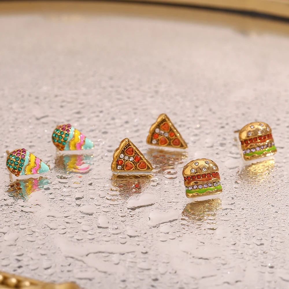 MamacitaSlay Sweet colorful enamel sandwich pizza ice cream sparkling Women's earrings gold plated Jewelry Woman accesories
