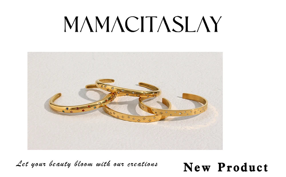 18K Gold Plated Deliacte Luxury Colorful Zircon Shiny Stars Cuff Bangles High Quality Waterproof Jewelry Bracelets for Women