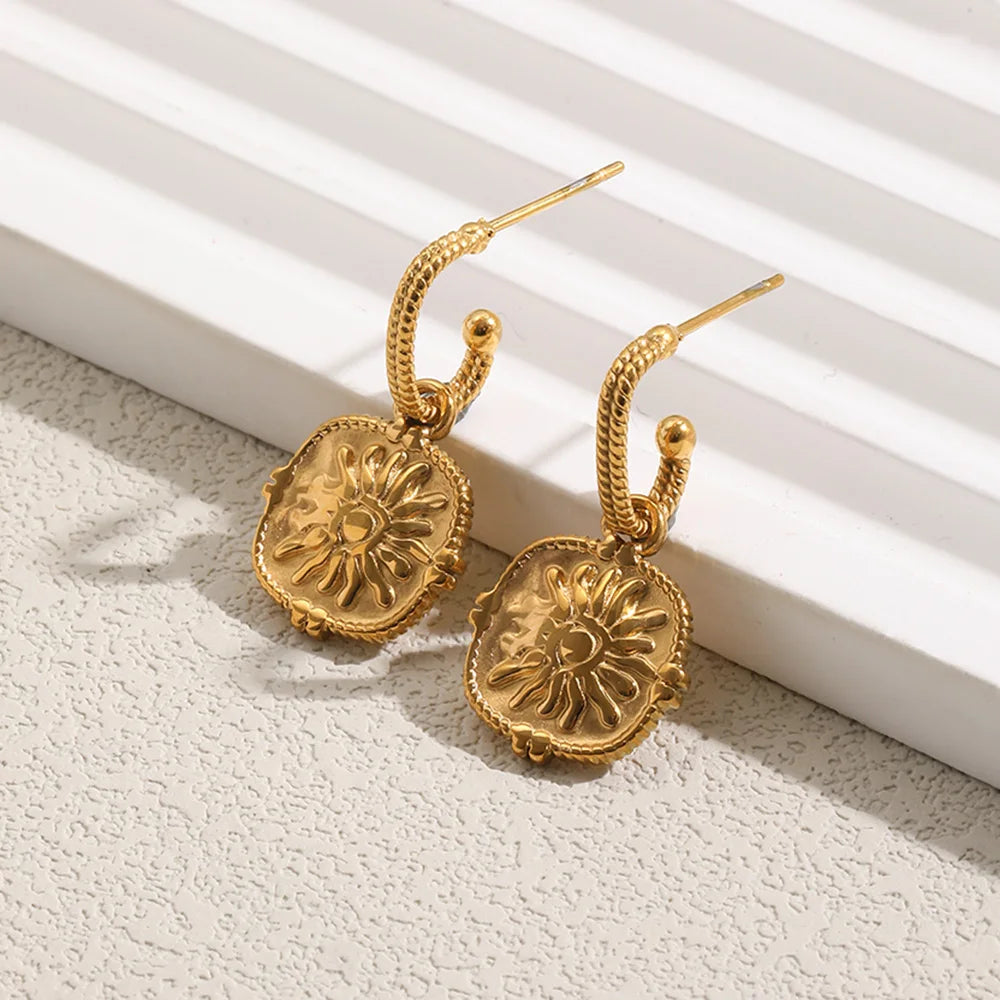 MamacitaSlay 316L Stainless Steel Vintage Sun Medallion Earrings 18K Gold Plated Waterproof Jewelry For Women Trendy Earrings