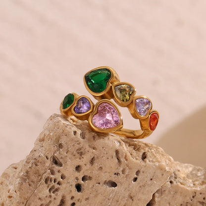 MamacitaSlay 316L Stainless Steel Zircon Heart Opening Ring 2025 Party Waterproof 18K Gold Plated Jewelry Women's Elegant Gift