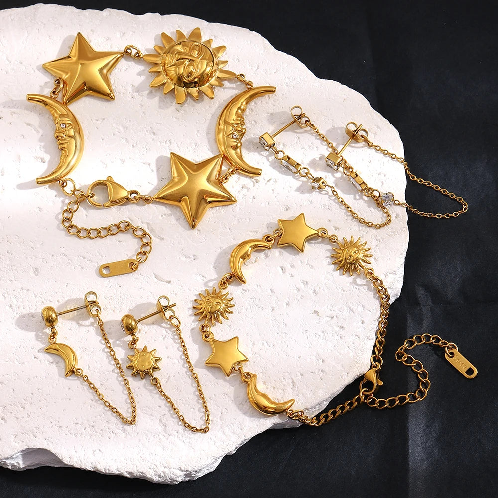 MamacitaSlay 316L Stainless Steel Sun Moon Star Bracelet Earrings Waterproof 18K Gold Plated Jewelry Creative Accessories Gift