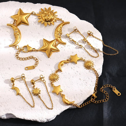 MamacitaSlay 316L Stainless Steel Sun Moon Star Bracelet Earrings Waterproof 18K Gold Plated Jewelry Creative Accessories Gift
