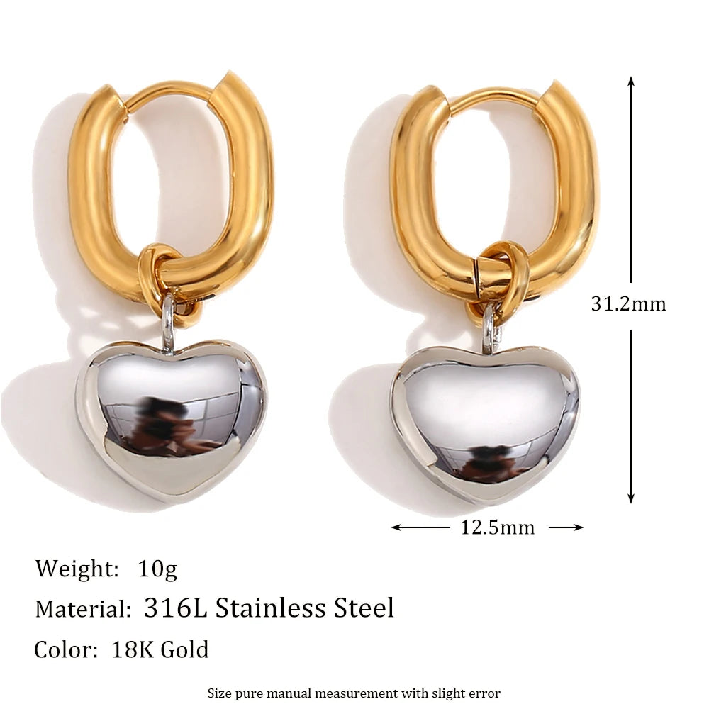 MamacitaSlay Mixed Color Gold Plated O Shape Hoop Silver Color Heart Drop Earrings trendy women's stainless steel jewelry
