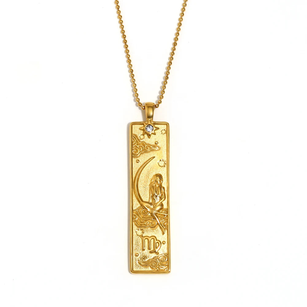 MamacitaSlay 316L Stainless Steel Zodiac Sign Rectangle Pendant Necklace 18K Gold Plated Waterproof Jewelry For Women Daily Wear