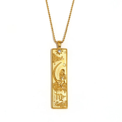 MamacitaSlay 316L Stainless Steel Zodiac Sign Rectangle Pendant Necklace 18K Gold Plated Waterproof Jewelry For Women Daily Wear