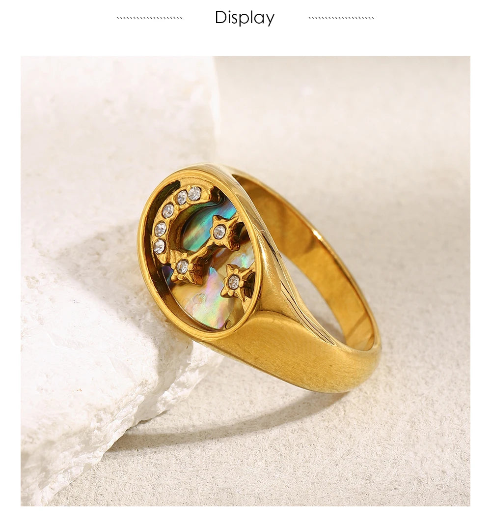 MamacitaSlay 316L Stainless Steel Abalone Shell Star Moon Colorful Ring 18K Gold Plated Waterproof Jewelry Women's Cool Ring