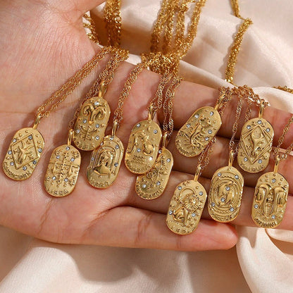 MamacitaSlay 316L Stainless Steel Zircon 12 Constellation Tarot Card Necklace 18K Gold Plated Waterproof Jewelry Women's Gifts