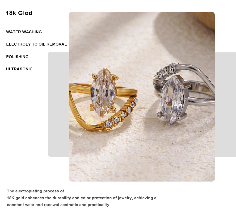 Mamacitaslay 316L Stainless Steel Pear Cut Zircon Geometric Ring 18K Gold Plated Waterproof Jewelry For Women Banquet Party Wear