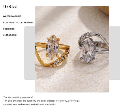 Mamacitaslay 316L Stainless Steel Pear Cut Zircon Geometric Ring 18K Gold Plated Waterproof Jewelry For Women Banquet Party Wear