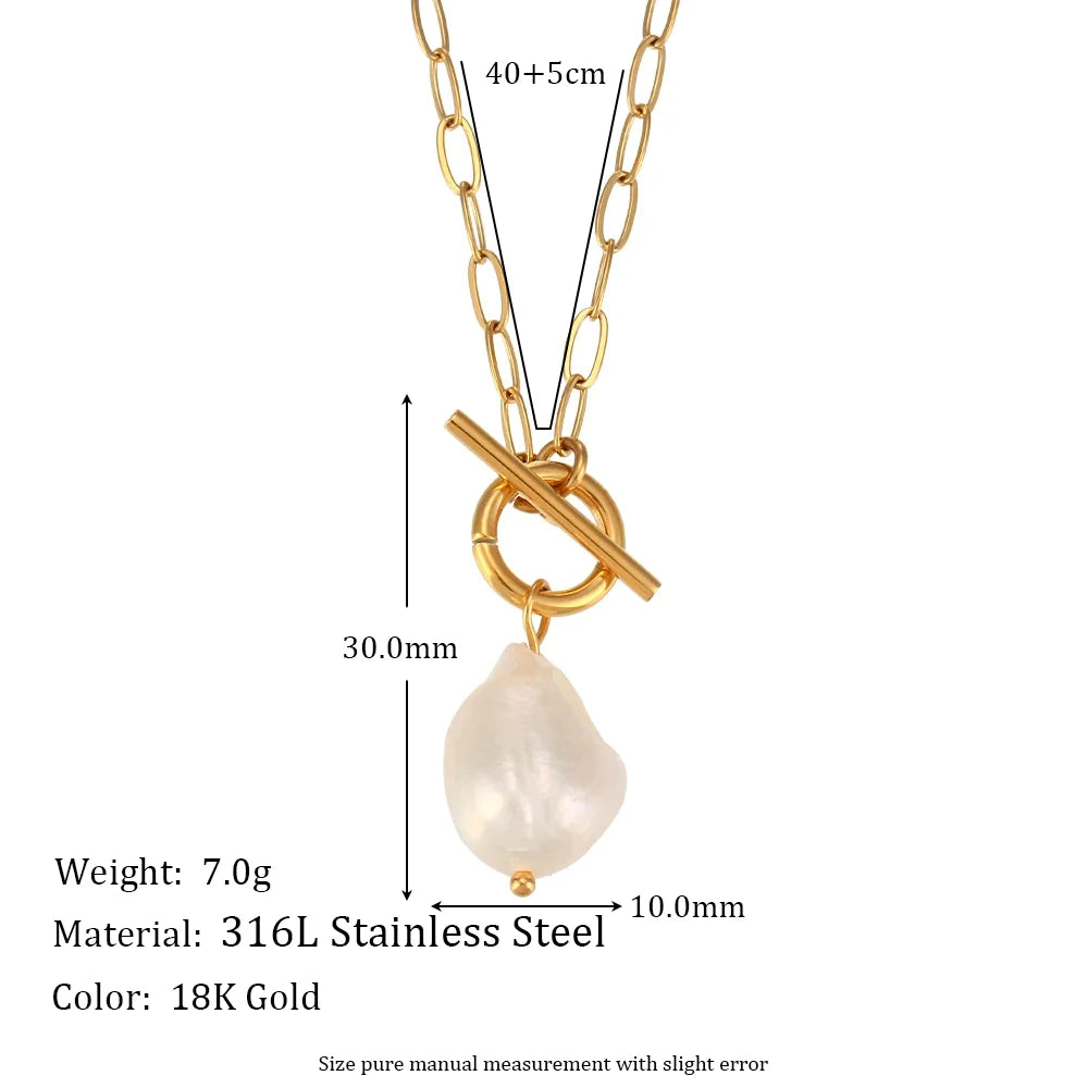 MamacitaSlay Elegant Baroque Freshwater Pearl Pendant Necklace OT Buckle 18K Gold Plated Waterproof Stainless Steel Necklace
