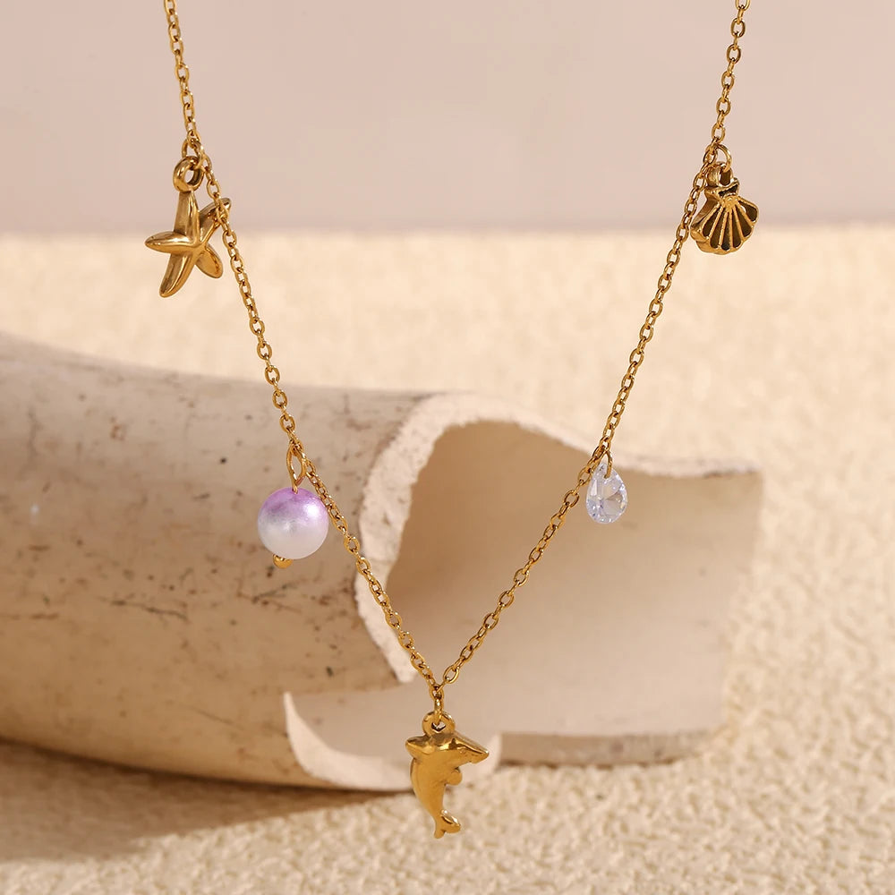 MamacitaSlay Popular Ocean Series Sea Mini Dolphin Starfish Scallop Pendant Thin Chain Necklace stainless steel women's jewelry