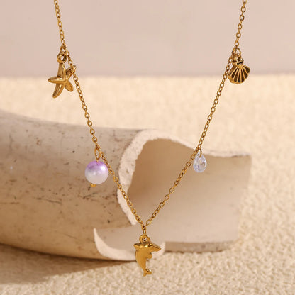 MamacitaSlay Popular Ocean Series Sea Mini Dolphin Starfish Scallop Pendant Thin Chain Necklace stainless steel women's jewelry