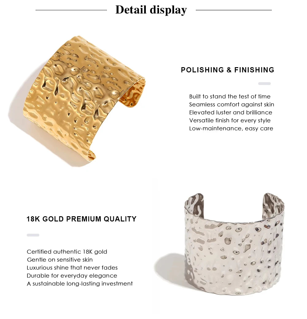 MamacitaSlay 316L Stainless Steel Hammered Wide Open Cuff Bangle 18K Gold Plated Waterproof Jewelry For Women Bracele Party Gift