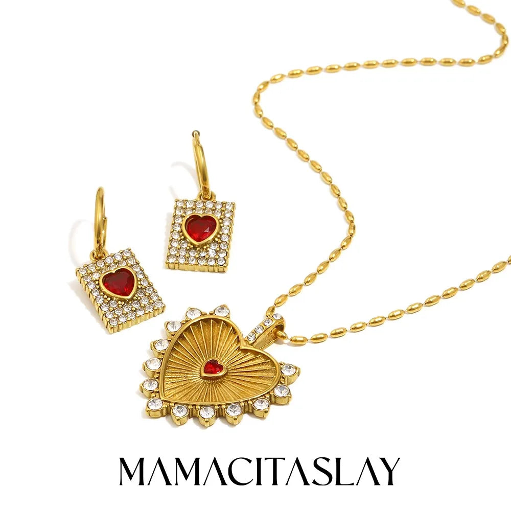 MamacitaSlay 316L Stainless Steel Heart Cross Zircon Earrings Necklace 18K Gold Plated Waterproof Jewelry Set Women's Gifts