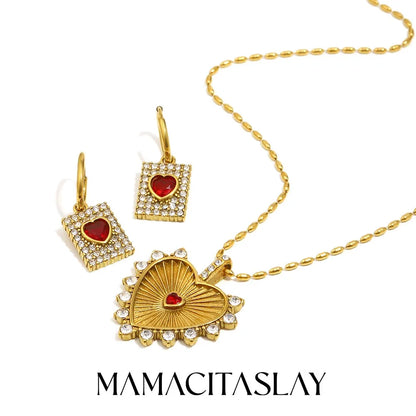 MamacitaSlay 316L Stainless Steel Heart Cross Zircon Earrings Necklace 18K Gold Plated Waterproof Jewelry Set Women's Gifts