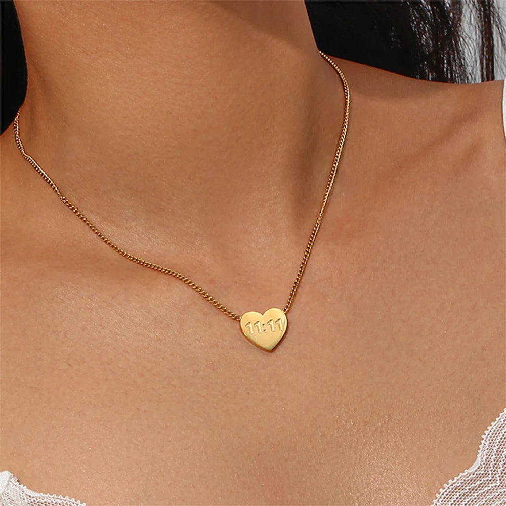 MamacitaSlay Latest Design 11:11 Heart Pendant Necklaces 18K Gold-Plated Stainless Steel Waterproof Jewelry for Women