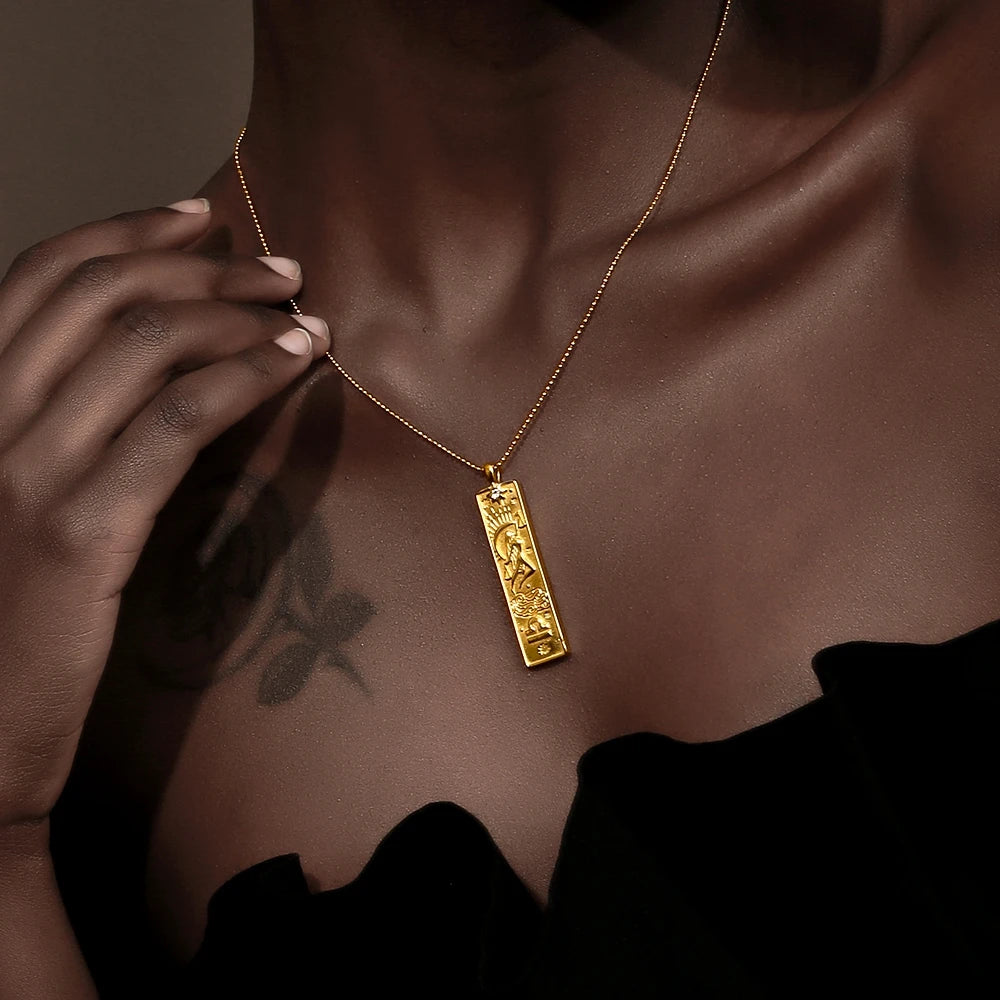 MamacitaSlay 316L Stainless Steel Zodiac Sign Rectangle Pendant Necklace 18K Gold Plated Waterproof Jewelry For Women Daily Wear