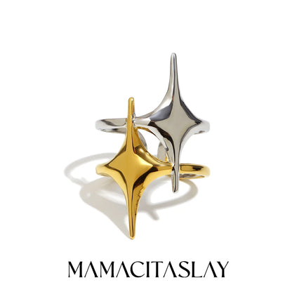 MamacitaSlay 316L Stainless Steel Mixed Color Double Star Open Ring Women's Party Waterproof 18K Gold Plated Ring Unique Ring