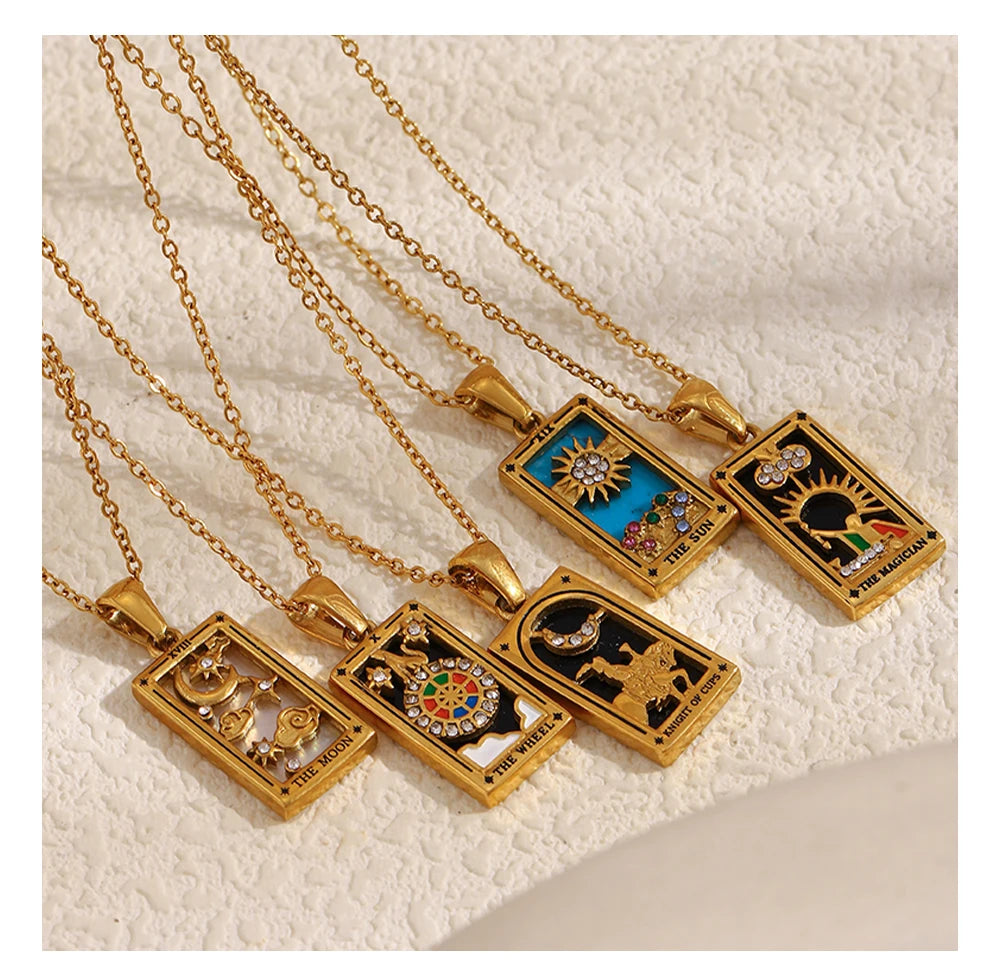 MamacitaSlay 316L Stainless Steel Zircon Tarot Necklace 18K Gold Plated Waterproof Jewelry Women's Creative Elegant Necklace