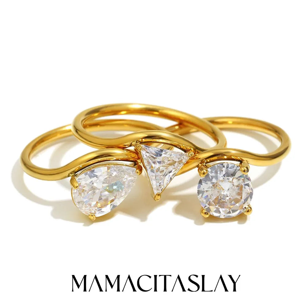 MamacitaSlay 316L Stainless Steel Water Drop Circular Triangle Zircon Wave Ring 18K Gold Plated Waterproof Jewelry For Women