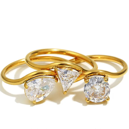 Inner Ziva Trinity™ 316L Stainless Steel Waterproof Three Stone Ring | 18K Gold PVD Plated Cubic Zirconia Hypoallergenic Jewelry