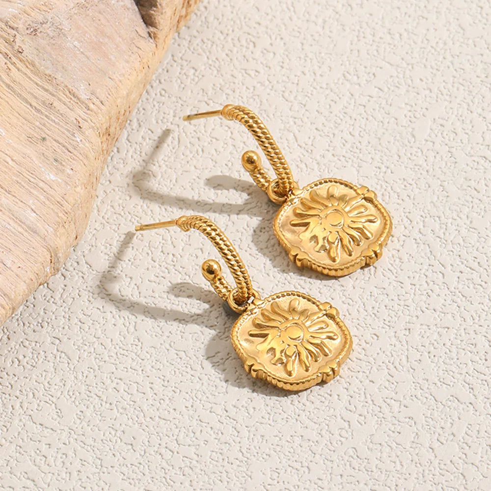 MamacitaSlay 316L Stainless Steel Vintage Sun Medallion Earrings 18K Gold Plated Waterproof Jewelry For Women Trendy Earrings