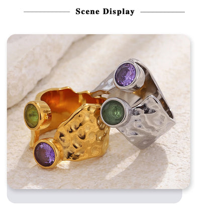 MamacitaSlay 316L Stainless Steel Hammered Texture Asymmetric Zircon Ring 18K Gold Plated Waterproof Vintage Jewelry For Women