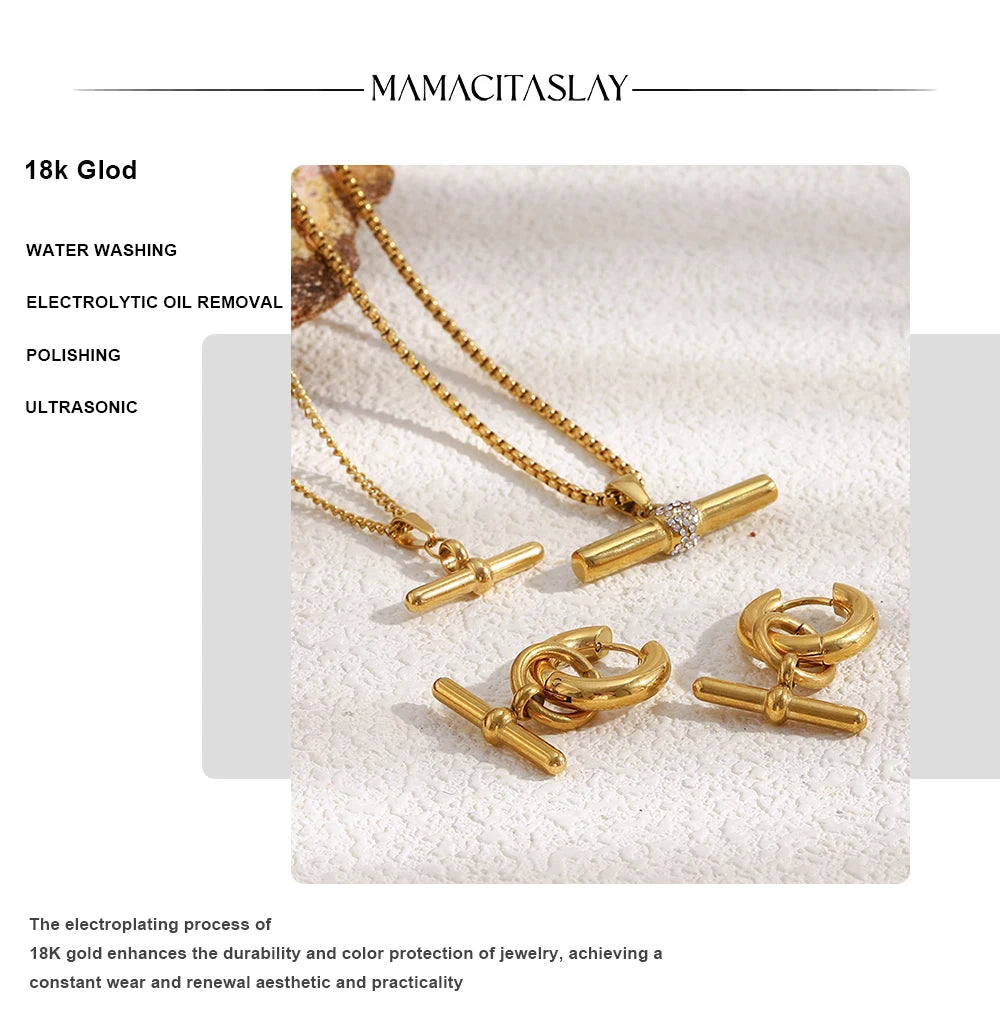 MamacitaSlay 316L Stainless Steel T-Bar Pendant Necklace Earrings Waterproof 18K Gold Plated Jewelry Women's Earrings Necklace